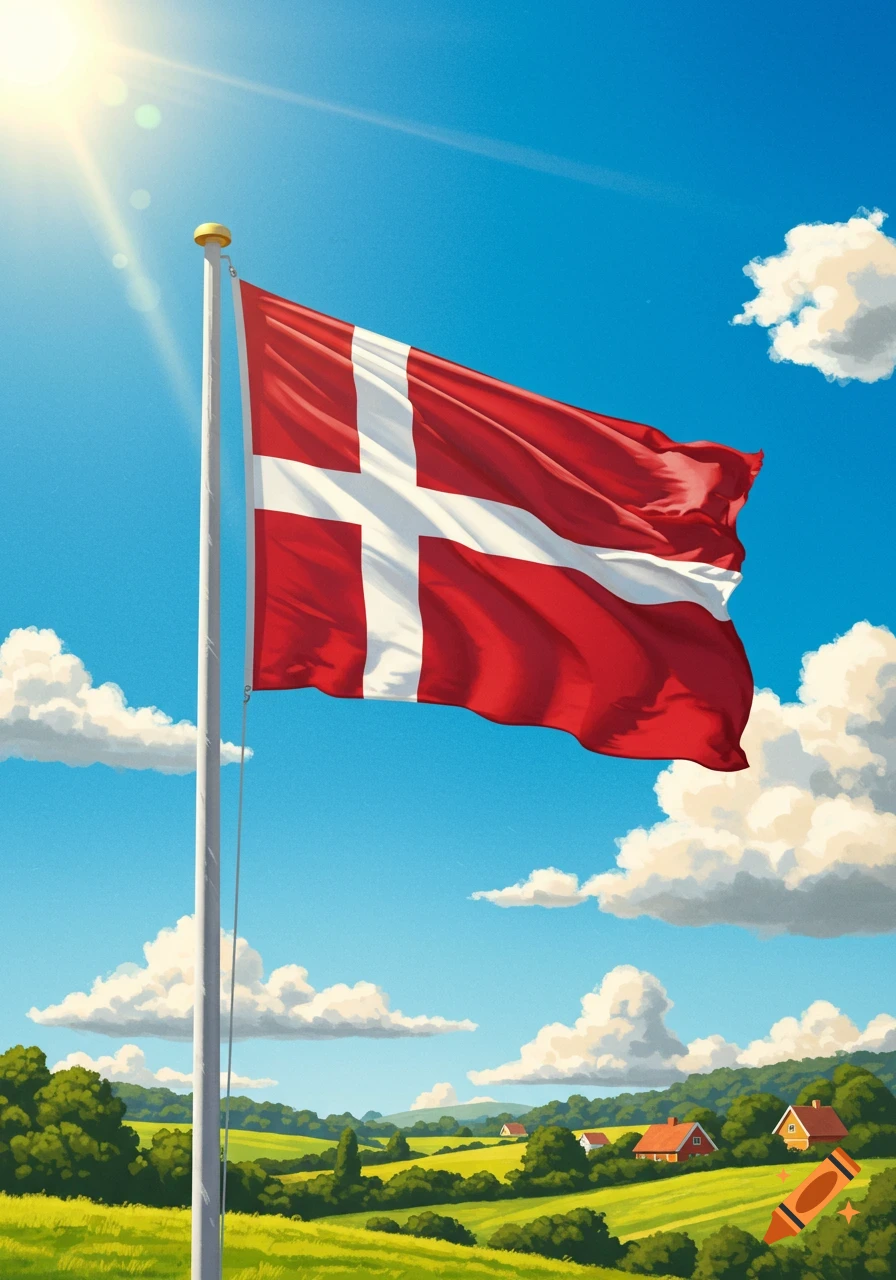 An illustration of the Danish flag waving against a bright blue sky, above a green rural landscape with small houses.