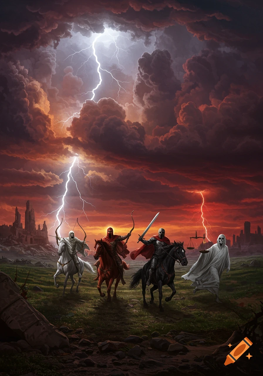 Four figures, akin to the Four Horsemen, traverse a desolate, stormy landscape under lightning-filled red skies in a detailed fantasy painting.