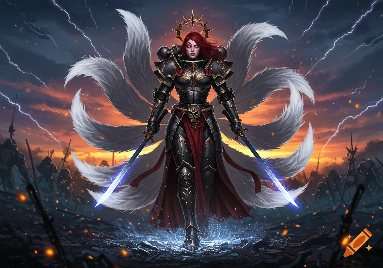Armored female warrior with white fox tails and red hair holds two glowing swords on a stormy battlefield at sunset.