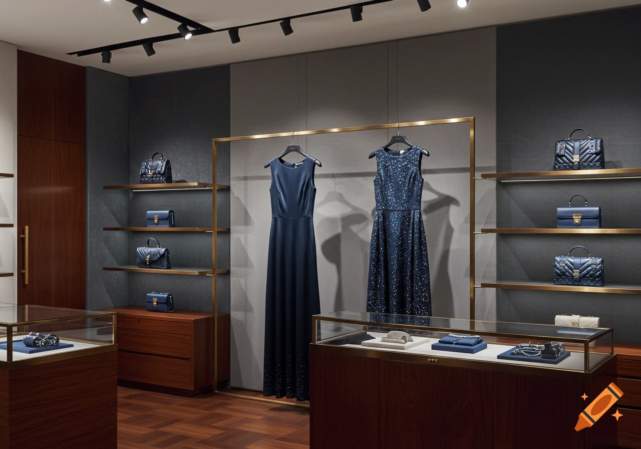 Interior of a luxurious fashion boutique featuring blue dresses on racks, designer handbags on gold-accented shelves, and jewelry in glass display cases.