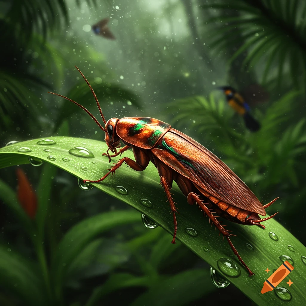 A detailed, photorealistic close-up of an iridescent brown and green cockroach on a wet green leaf in a rainy jungle.