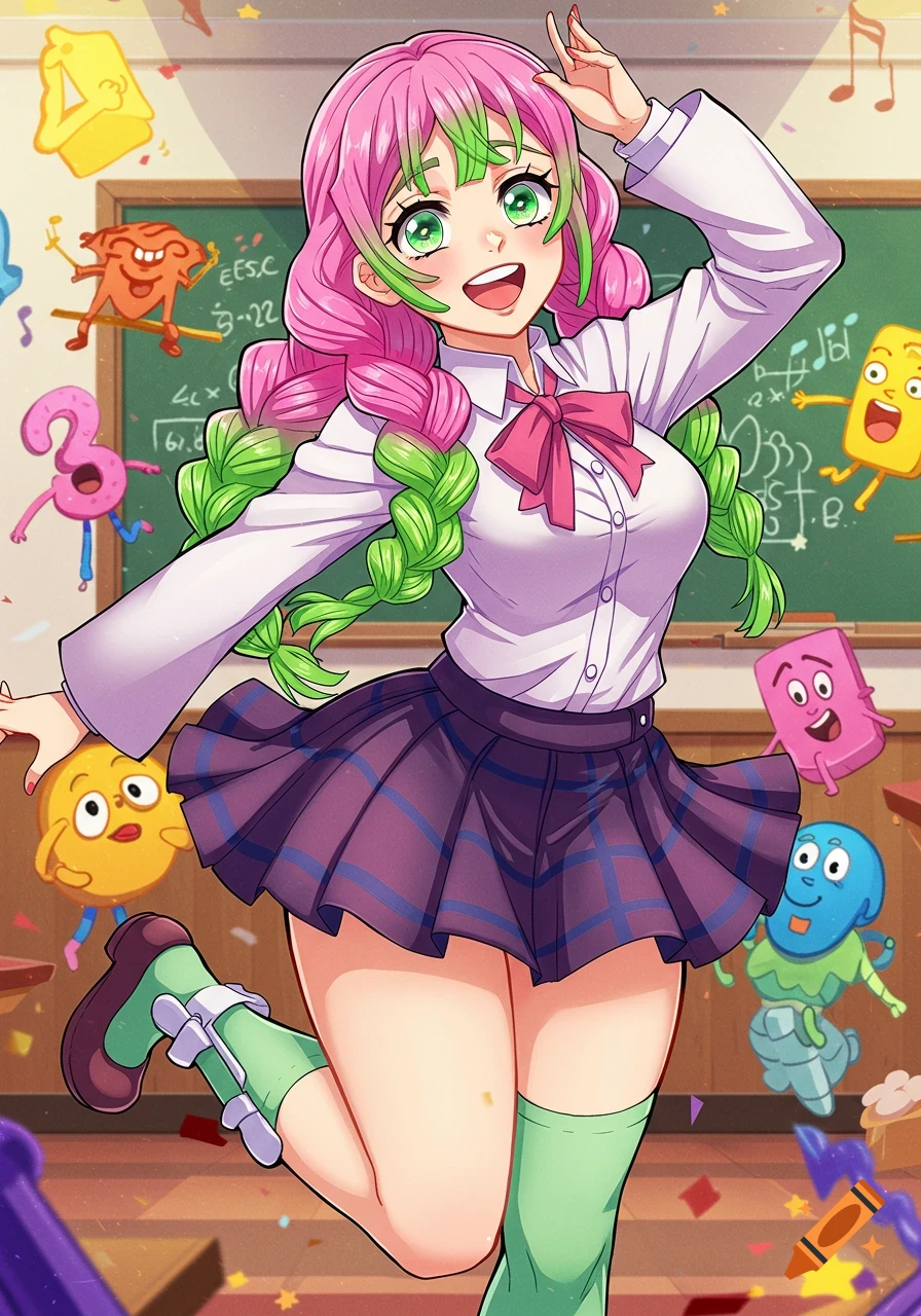 An anime girl, Mitsuri, in a school uniform with pink and green hair, smiles and poses energetically in a classroom with cartoon numbers and musical notes.