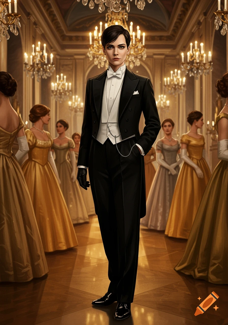 A short-haired person in a black tuxedo and gloves stands confidently in a grand ballroom, surrounded by women in elaborate gold and silver ball gowns under sparkling chandeliers.