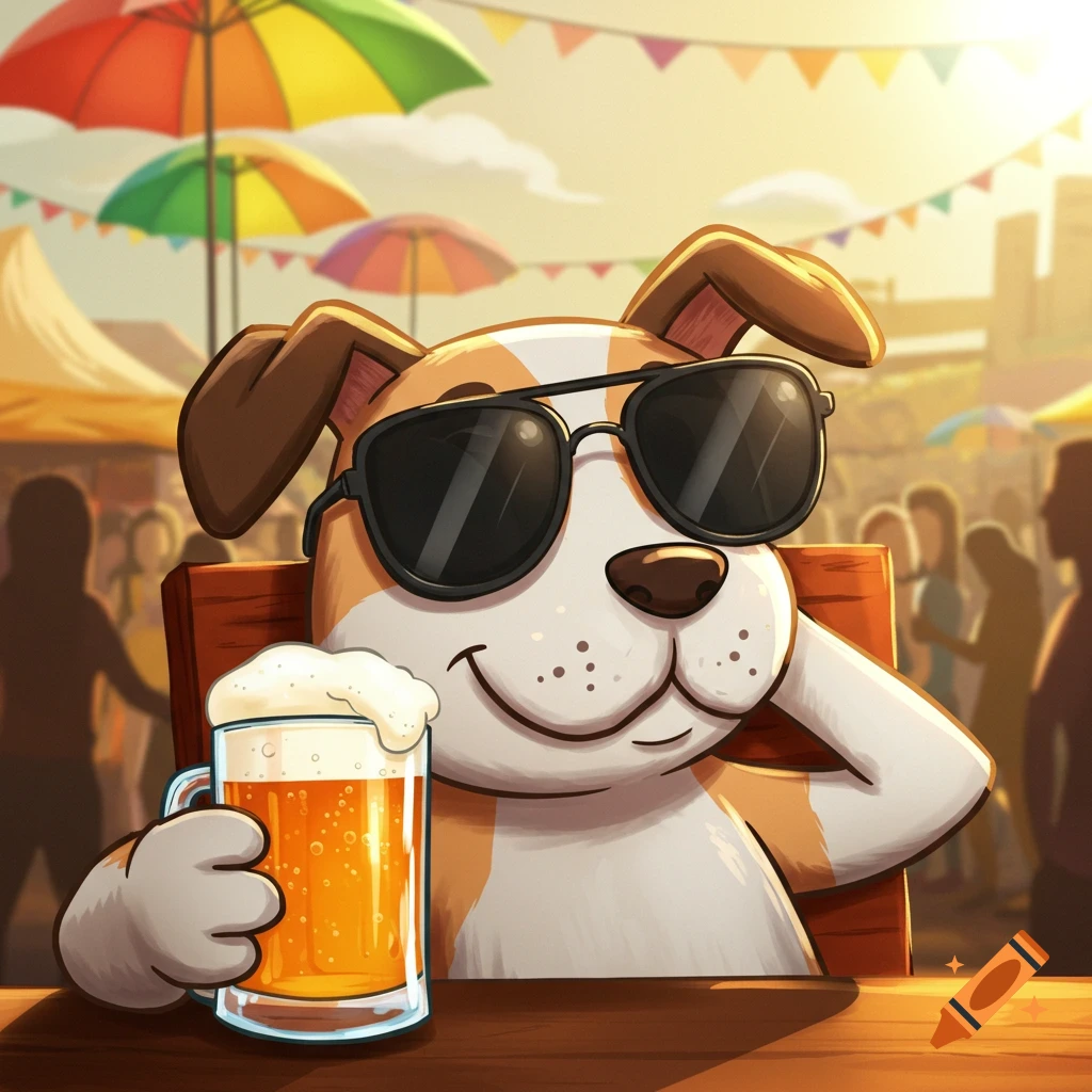 A smiling cartoon dog in sunglasses sips a foamy beer at an outdoor festival with colorful umbrellas in the background.