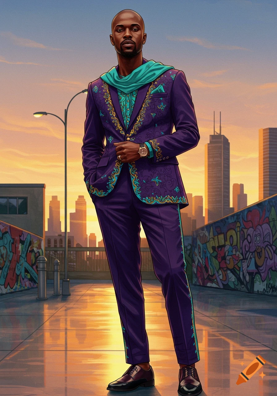 A stylized illustration of a bald Black man in an ornate purple suit and teal scarf on a city street at sunset.