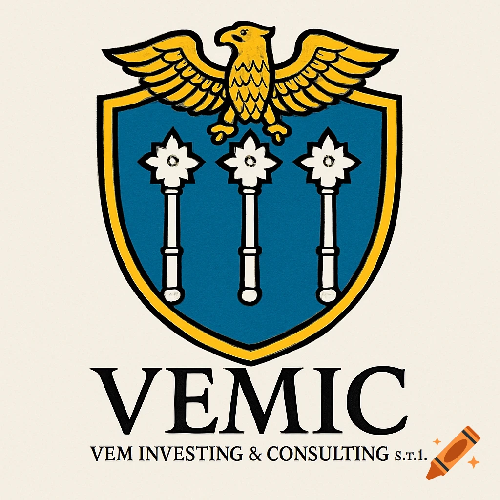 A stylized heraldic logo features a golden eagle atop a blue shield with a golden border. Inside the shield are three white maces. Below the shield, the text "VEMIC" is prominent, with "VEM INVESTING & CONSULTING S.T.1." below it.