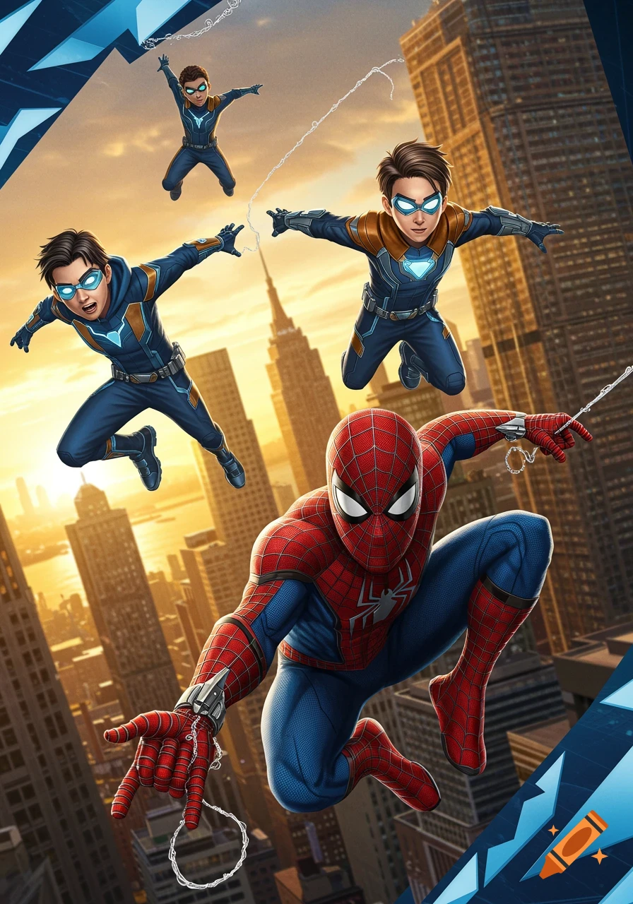 Spider-Man and three young boy superheroes in custom suits swing through a cityscape at sunset, shooting webs in a comic art style.