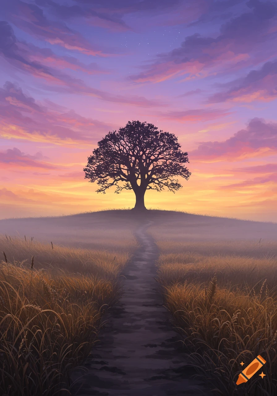 Winding path through misty golden grass to a silhouetted tree on a hill against a vibrant purple and orange sunset.
