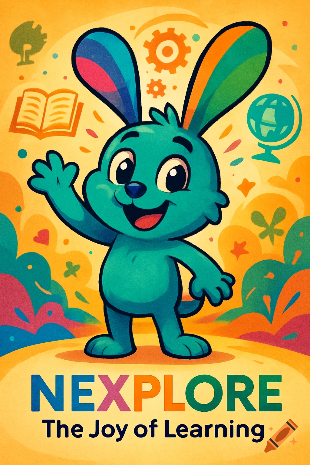 A vibrant cartoon illustration of a teal bunny mascot waving, with educational symbols and the text 'Nexplore The Joy of Learning'.