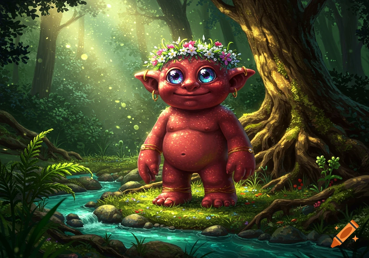 A cute, red, wide-eyed troll creature with a flower crown and gold jewelry stands in a lush, magical forest by a stream.