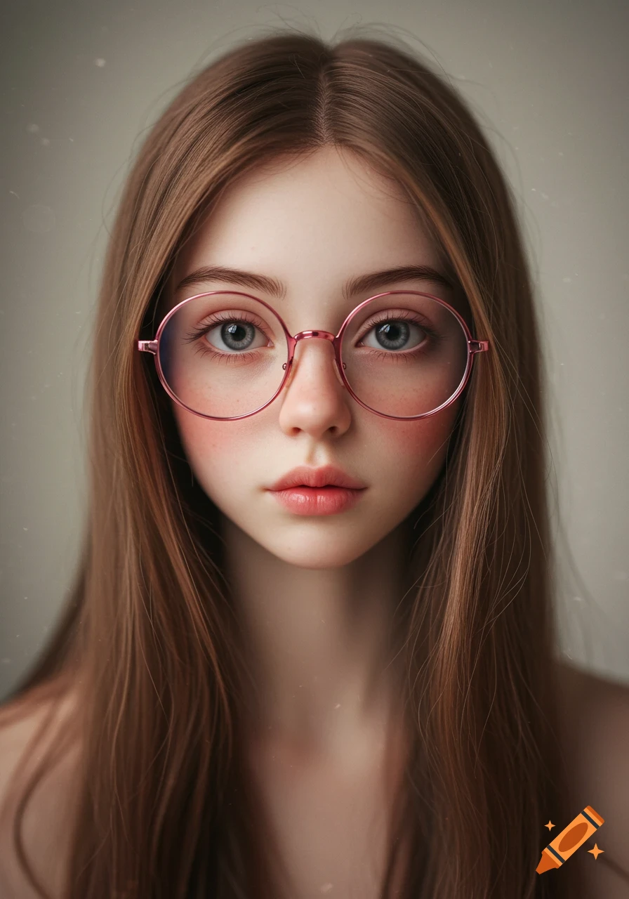 Photorealistic portrait of a young girl with long brown hair, blue eyes, and pink round glasses.