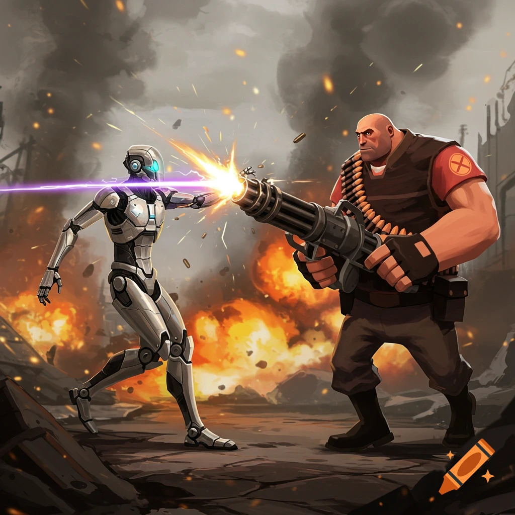 V1 from Ultrakill, a white cyborg, fires a laser at Heavy from TF2, a muscular man with a minigun, amidst explosions.