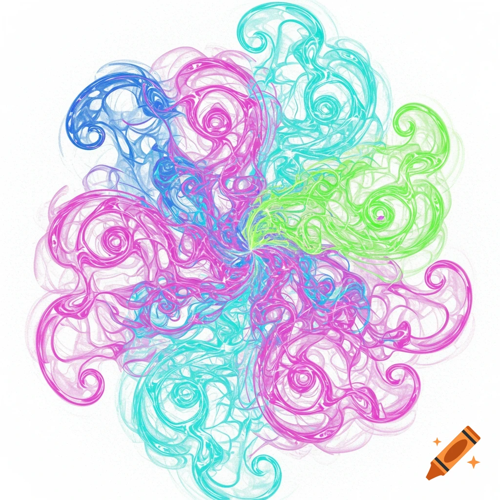 A vibrant, swirling abstract pattern of neon blue, pink, turquoise, and green colors on a white background.