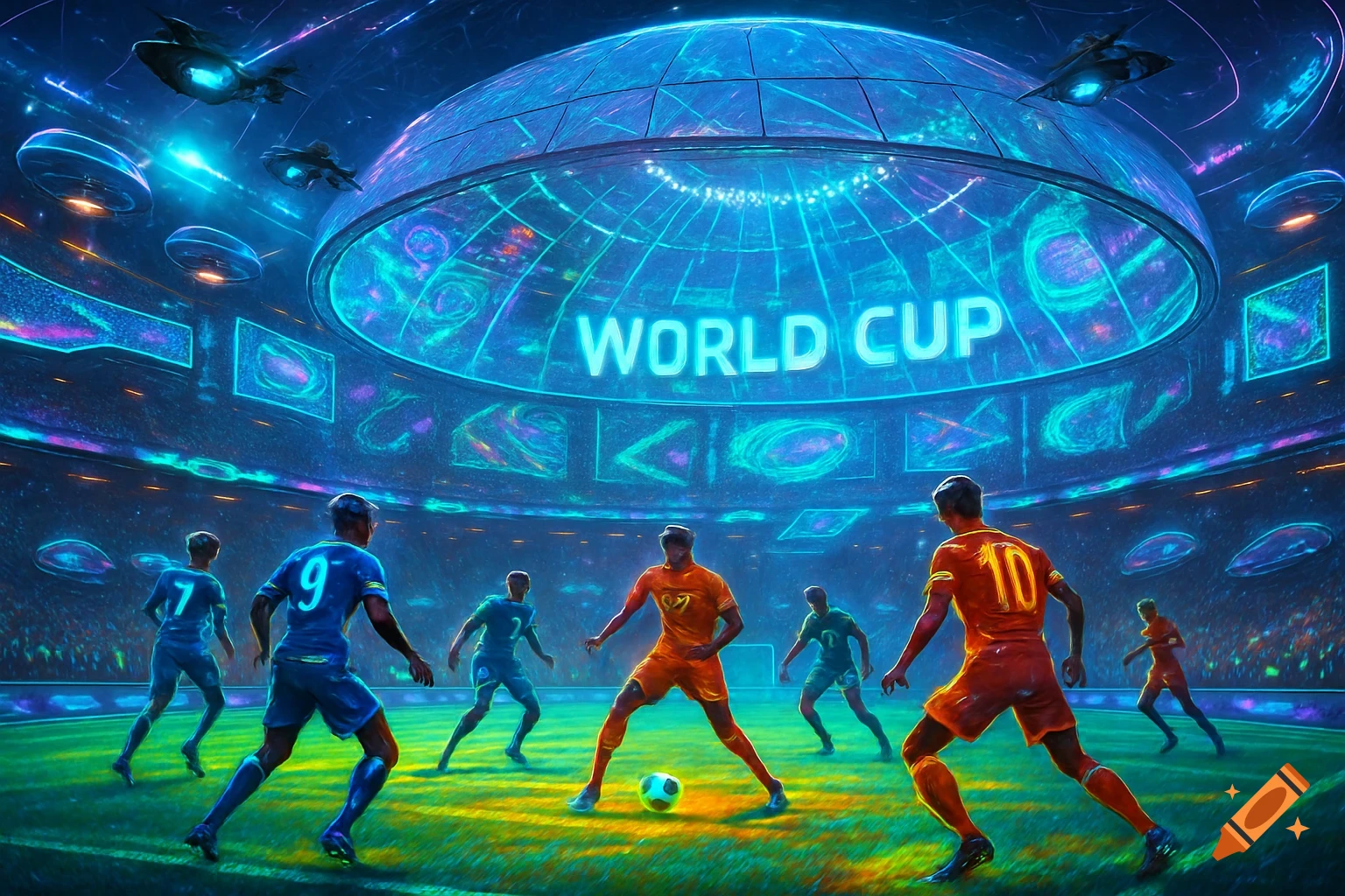 Futuristic soccer players compete in a vibrant, neon-lit domed stadium with flying vehicles overhead and 'WORLD CUP' displayed.