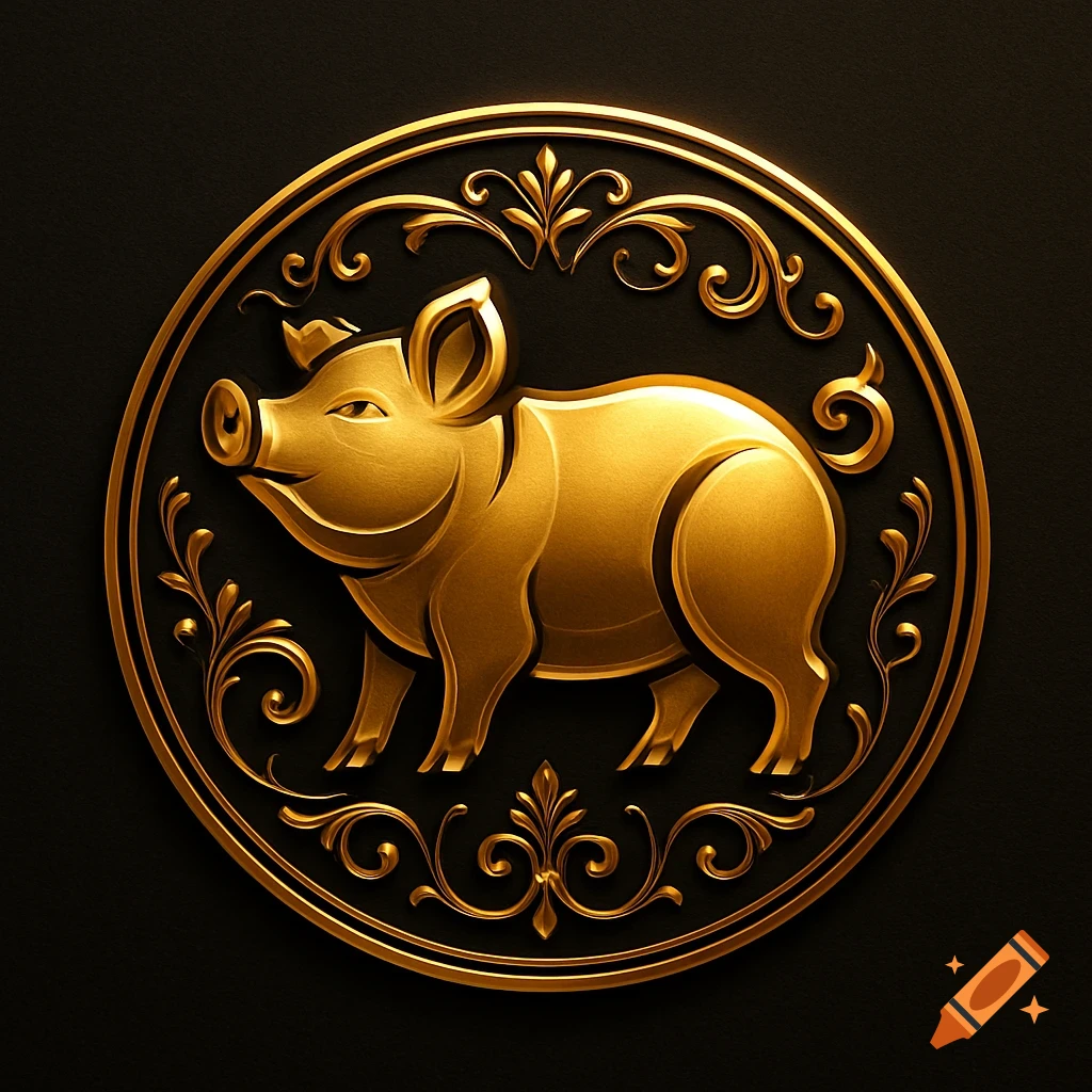 A shiny golden pig emblem with ornate filigree, centered on a dark background.