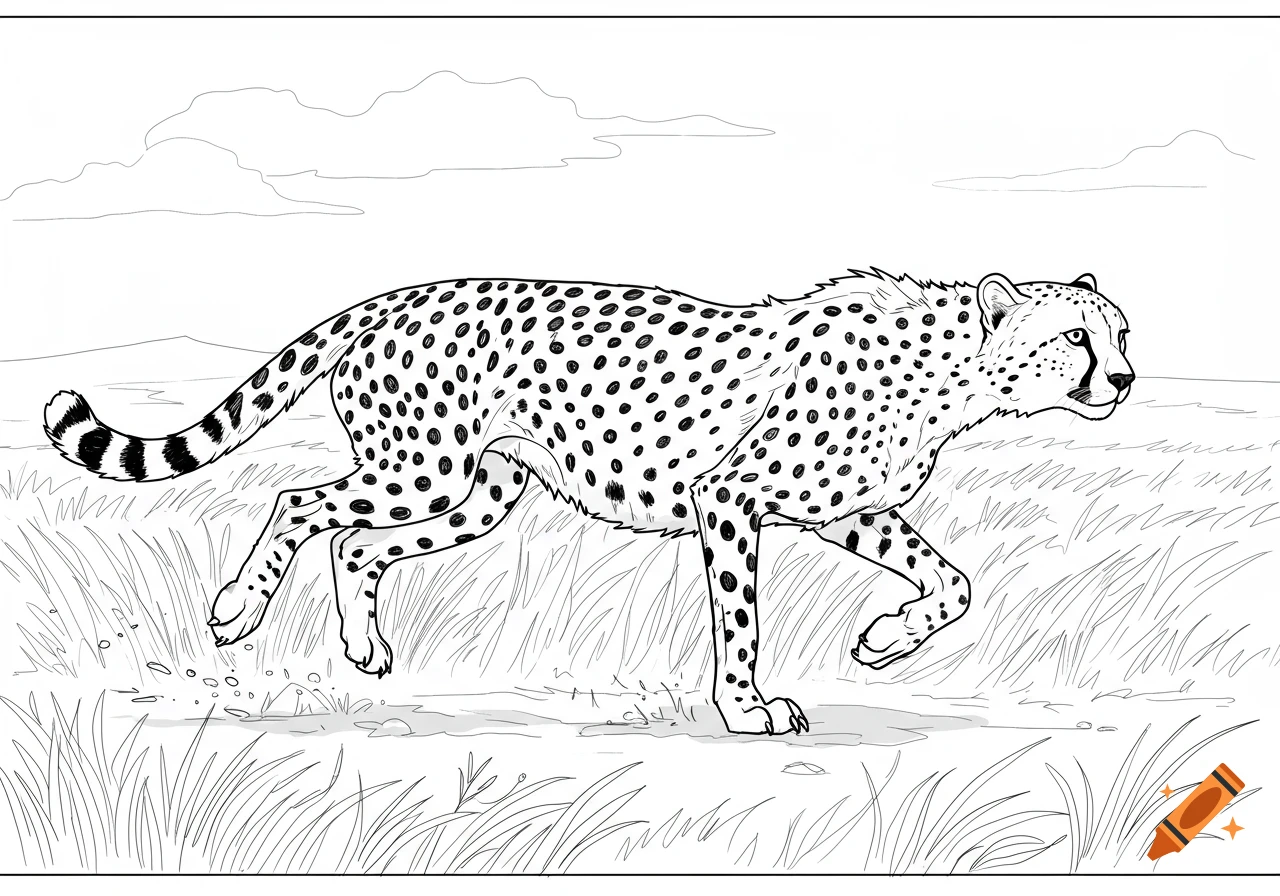 A black and white outline drawing of a cheetah running through tall grass under a cloudy sky, in a coloring book style.
