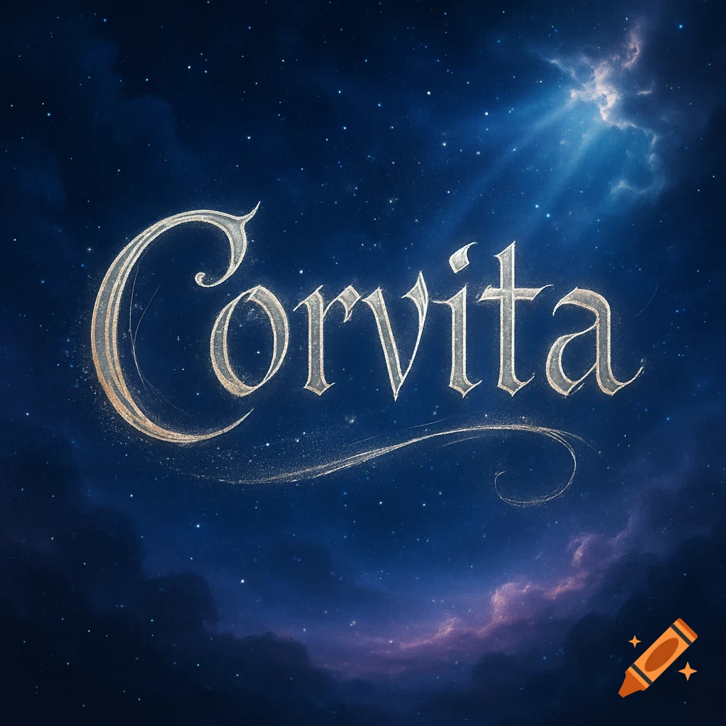 The word "Corvita" in ornate, shimmering silver lettering against a dark blue starry night sky with luminous clouds.