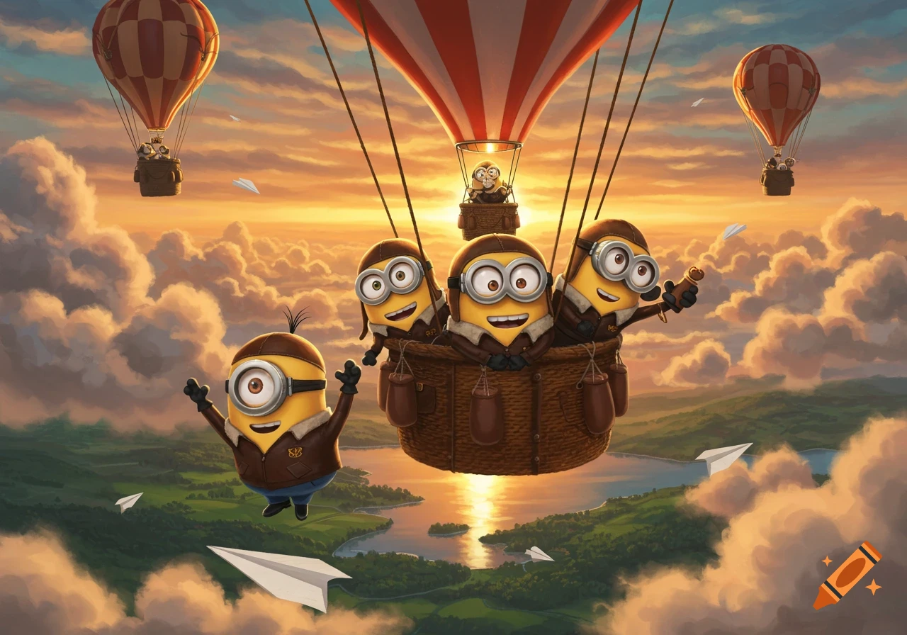 Several Minions in aviator gear fly in hot air balloons over a lush green landscape and water at sunset, with paper airplanes around them.