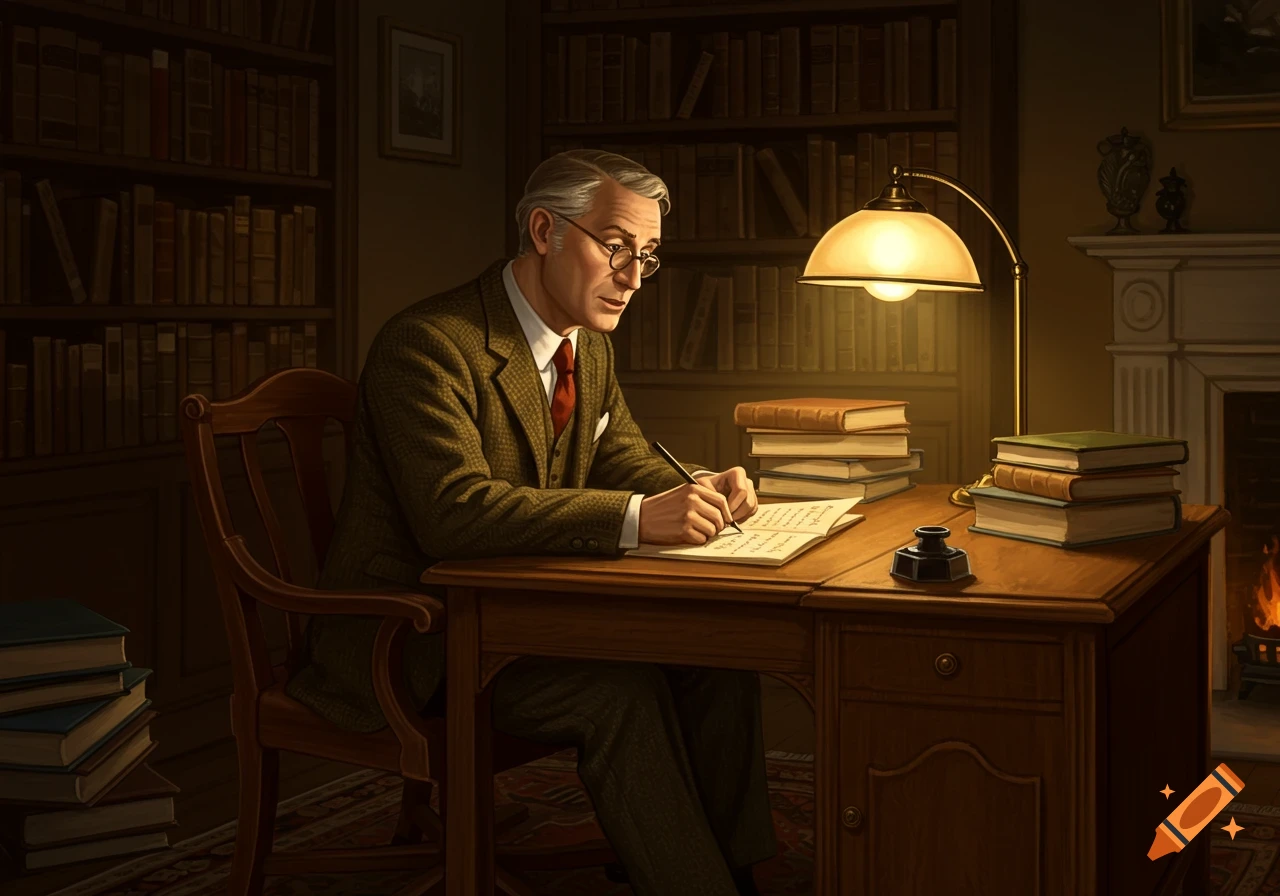 An older man in a tweed suit and glasses writes at a wooden desk under a lamp in a dimly lit library.