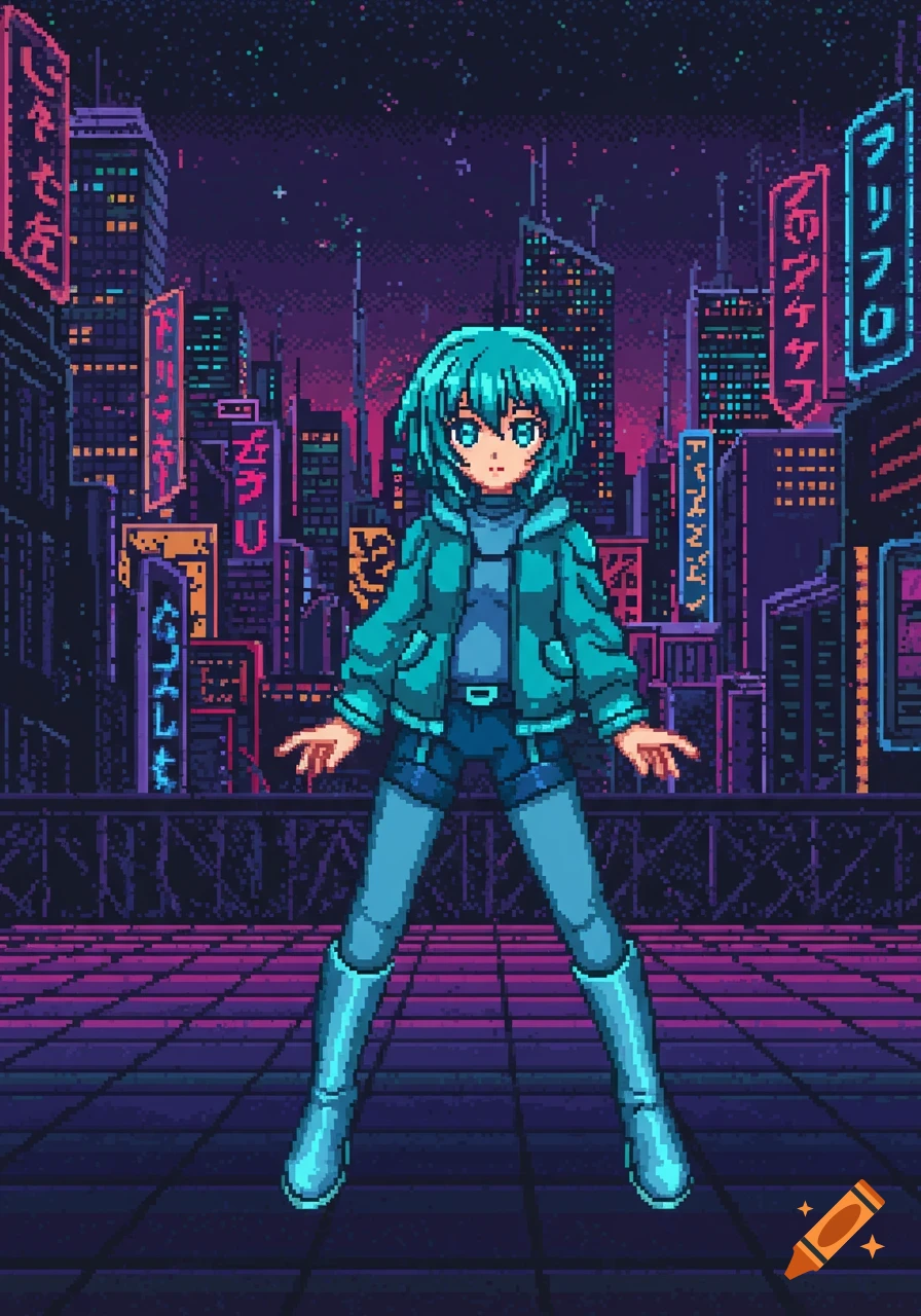 A teal-haired anime girl in a teal jacket and shorts stands in a pixel art cyberpunk city with neon signs.