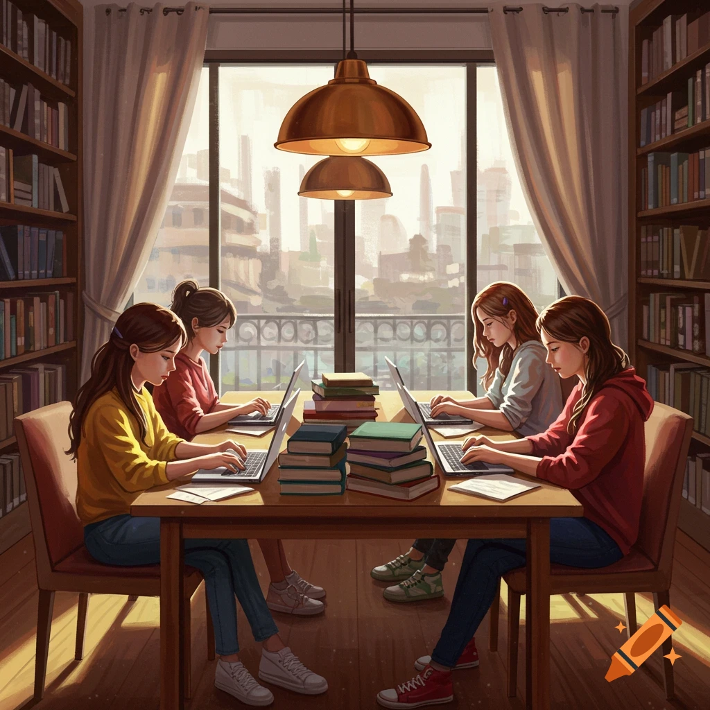 Four girls sit at a table in a cozy library, each working on a laptop with stacks of books beside them, bathed in warm sunlight.