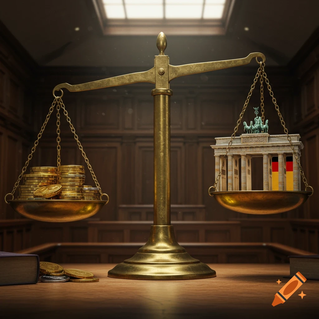 A photorealistic image of a brass scale in a courtroom with stacks of gold coins on the left and a miniature Brandenburg Gate with German flags on the right.
