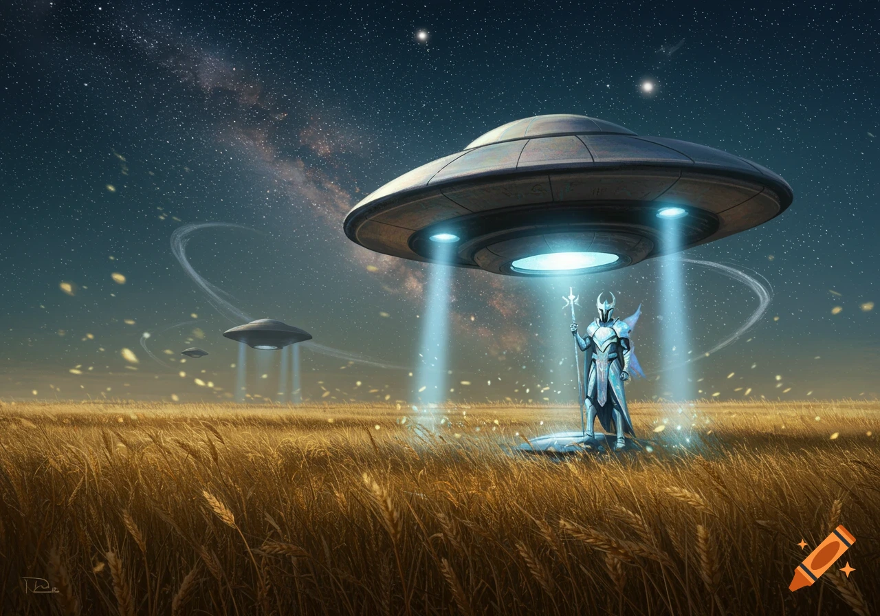 A futuristic armored knight is beamed down by a UFO in a golden wheat field at night, with more UFOs under a starry sky.