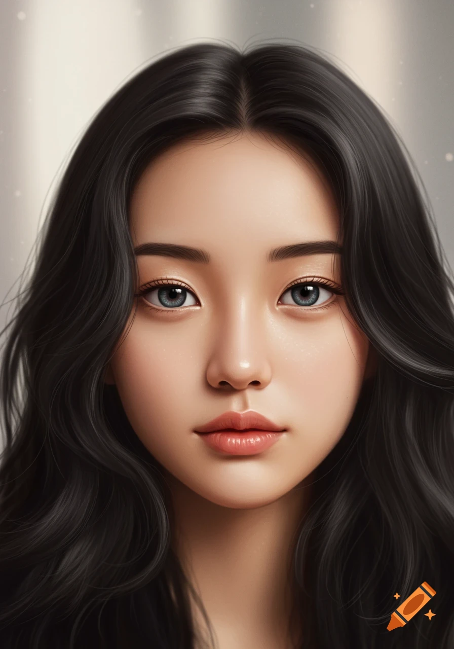 A detailed, realistic digital art portrait of a young Asian woman with long dark hair and striking blue eyes, looking directly forward.