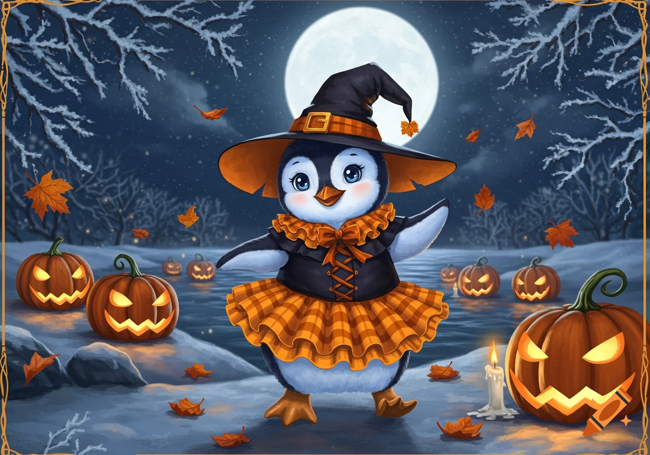 A cute cartoon penguin witch stands among glowing jack-o'-lanterns and autumn leaves under a full moon in a snowy landscape.
