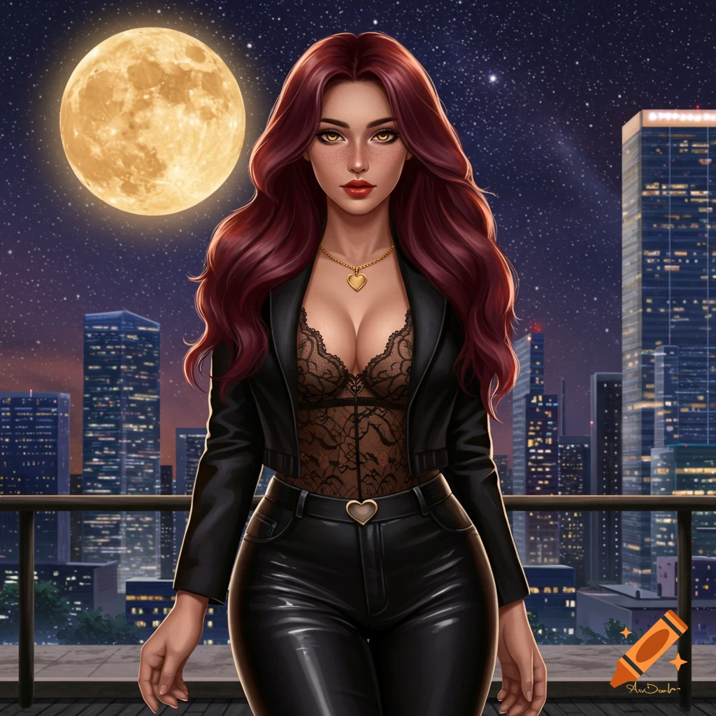 A confident Fae woman with long red hair and amber eyes, wearing a black leather jacket and lace top, stands on a balcony overlooking a futuristic city under a full moon and starry sky.