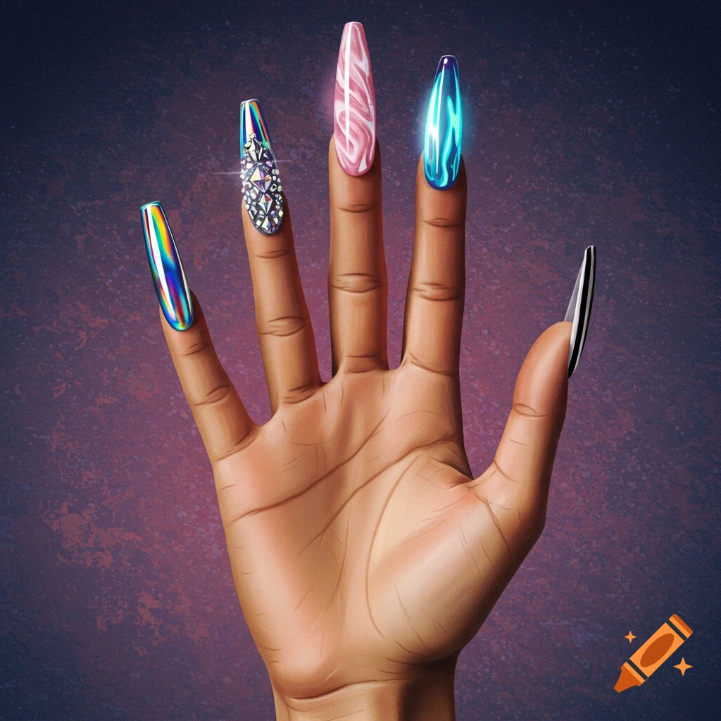 An illustrated open hand displaying five unique, long nails: holographic, jeweled, pink swirl, blue glowing, and black & white.