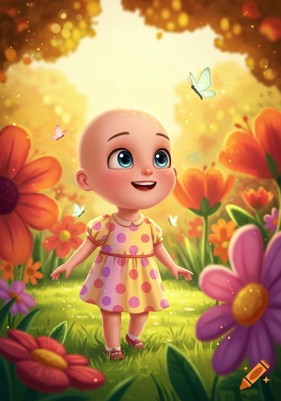 A smiling bald cartoon girl in a polka-dot dress stands among colorful flowers and butterflies in a bright, whimsical field.