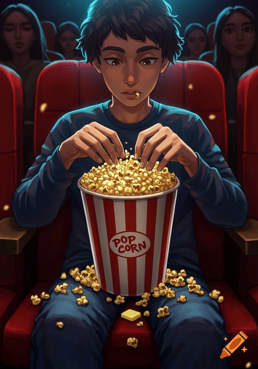 Anime illustration of a young person in a cinema, eating popcorn from a large striped bucket, with popcorn spilled on their lap.