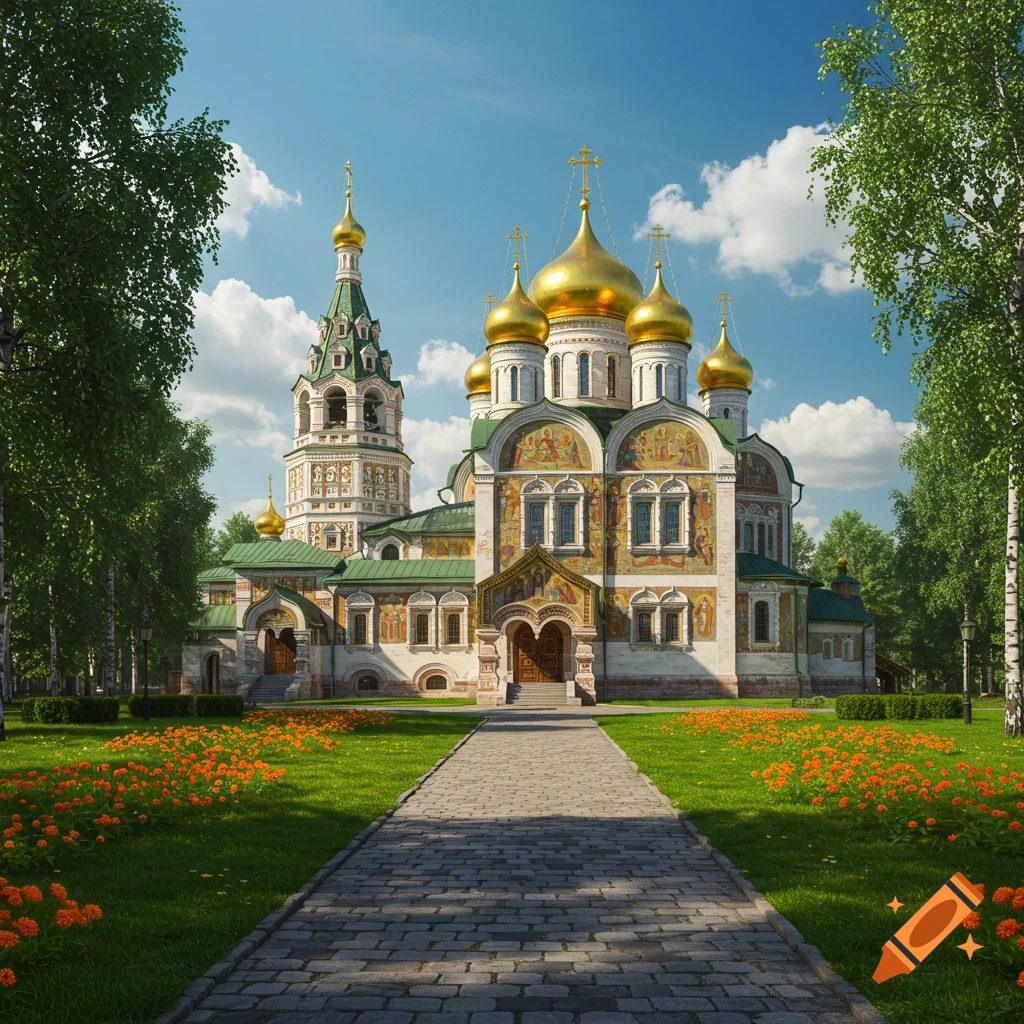 A grand Orthodox church with golden domes and a bell tower stands amidst green lawns and orange flowers under a blue sky.