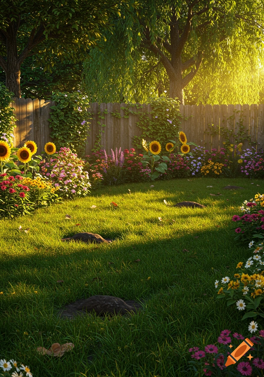 A vibrant 3D rendered garden with a wooden fence, green lawn, blooming flowers including sunflowers, and trees under golden sunlight.