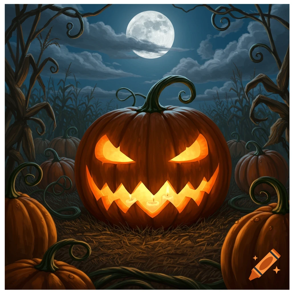 A glowing jack-o'-lantern sits in a cornfield at night under a full moon, surrounded by other pumpkins. Stylized illustration.
