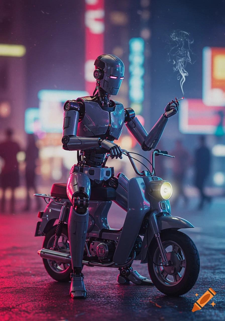 Photorealistic robot on a moped smoking a cigarette on a neon-lit city street at night.