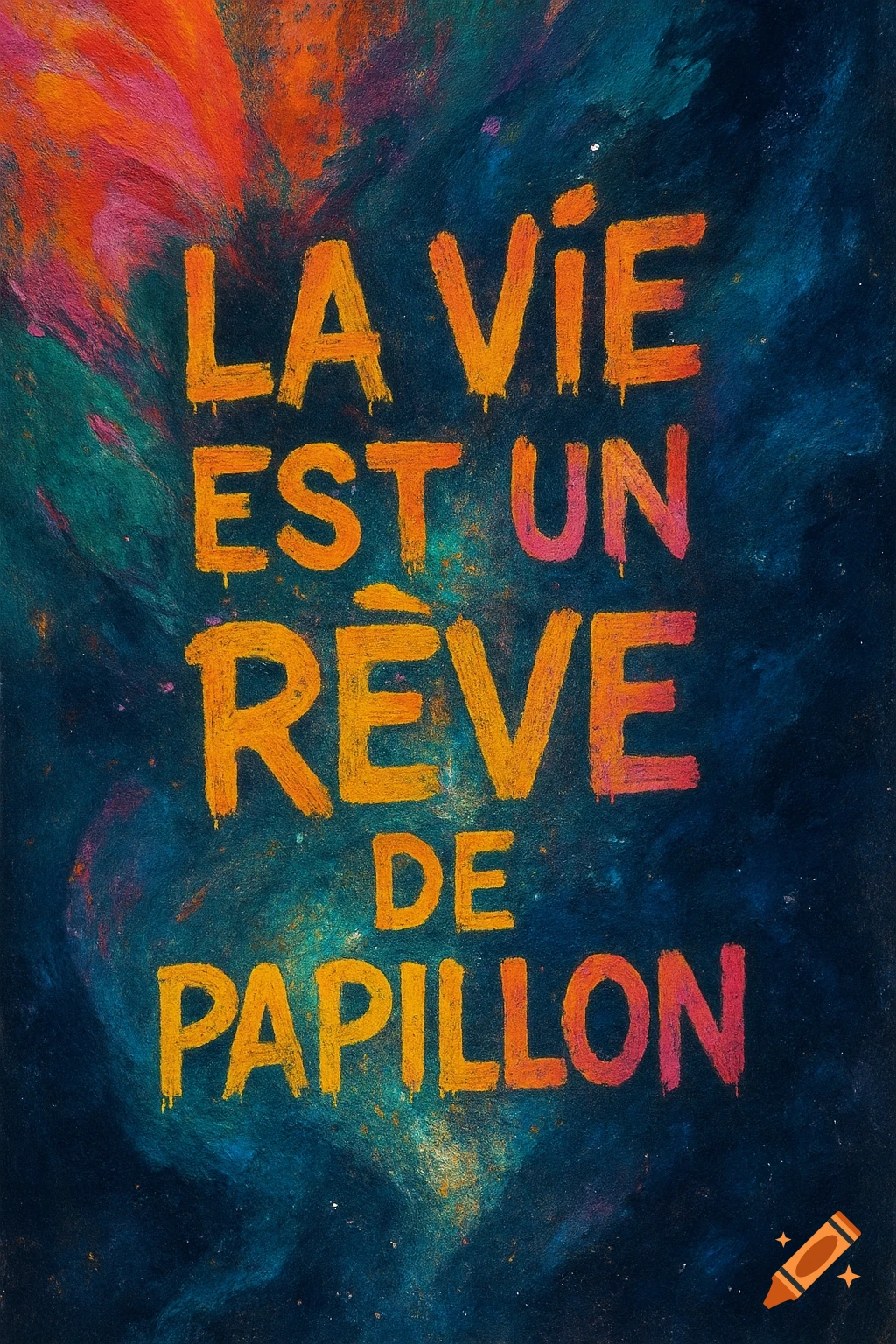 Abstract painting with orange, pink, and yellow text "LA VIE EST UN RÊVE DE PAPILLON" on a blue and purple cosmic background.