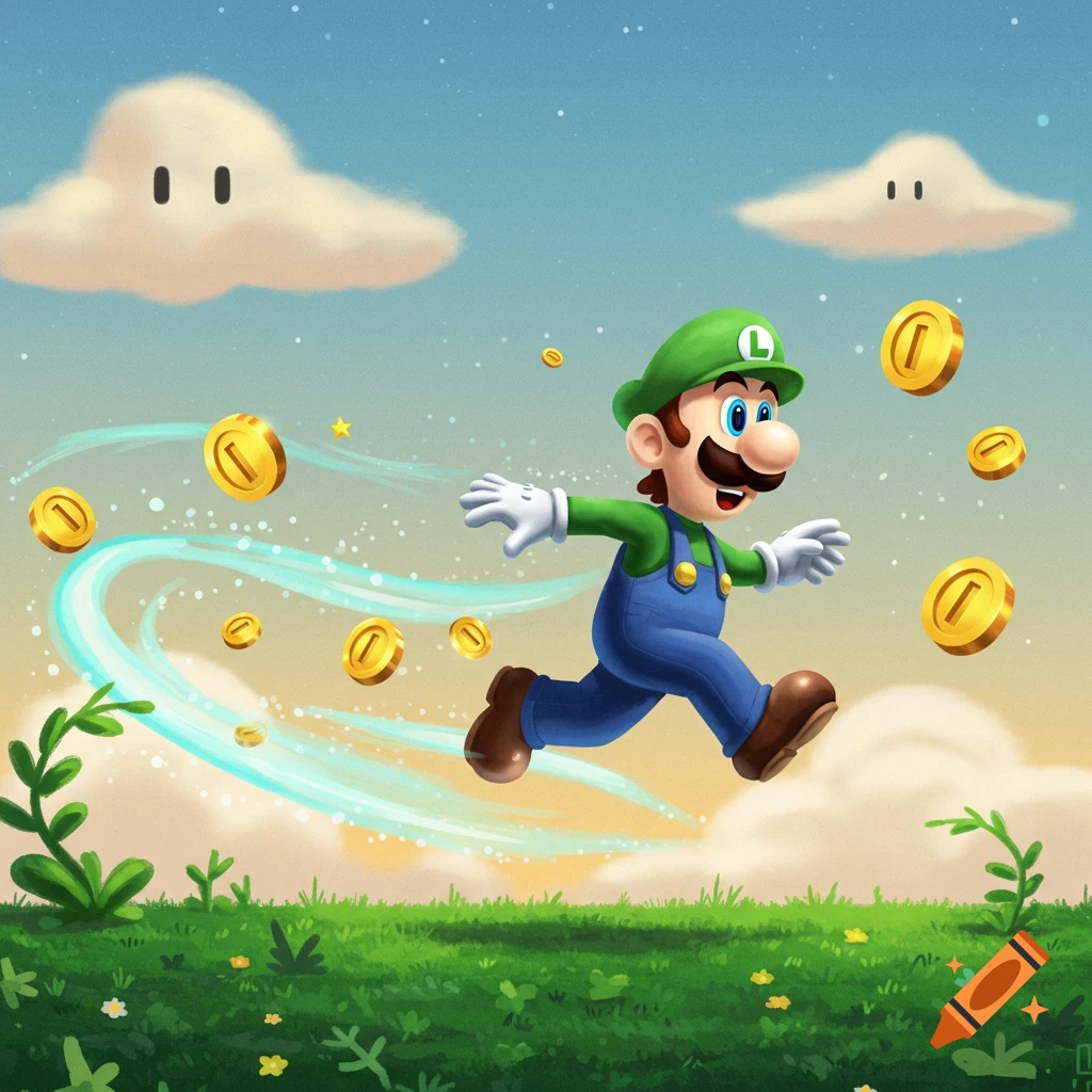 Cartoon illustration of Luigi running through a green field, surrounded by gold coins, under a blue sky with clouds.