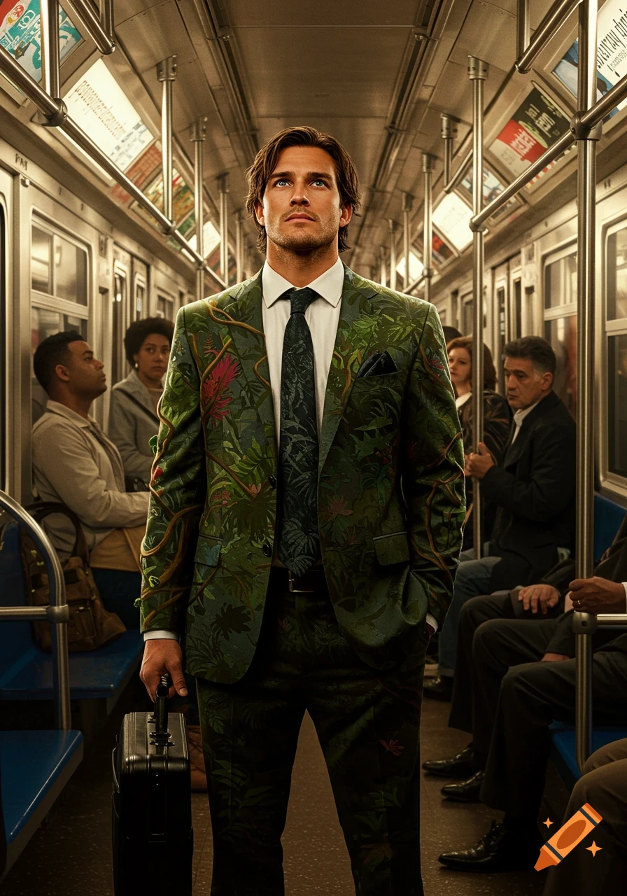 A man in a green jungle-patterned suit holds a briefcase while standing in a crowded subway car, looking up thoughtfully.