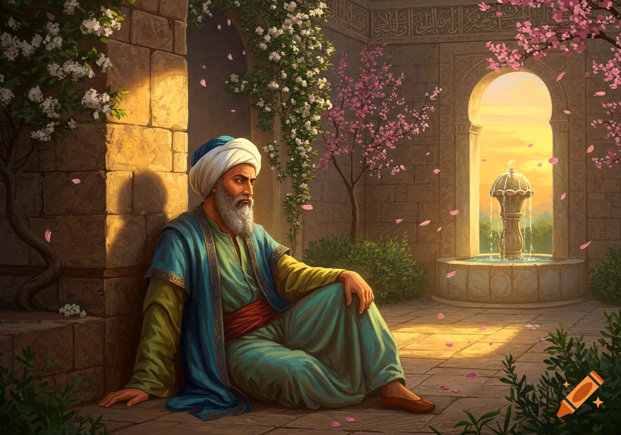 A bearded man in a white turban and blue robe sits in a sunlit garden with a fountain and flowering trees.