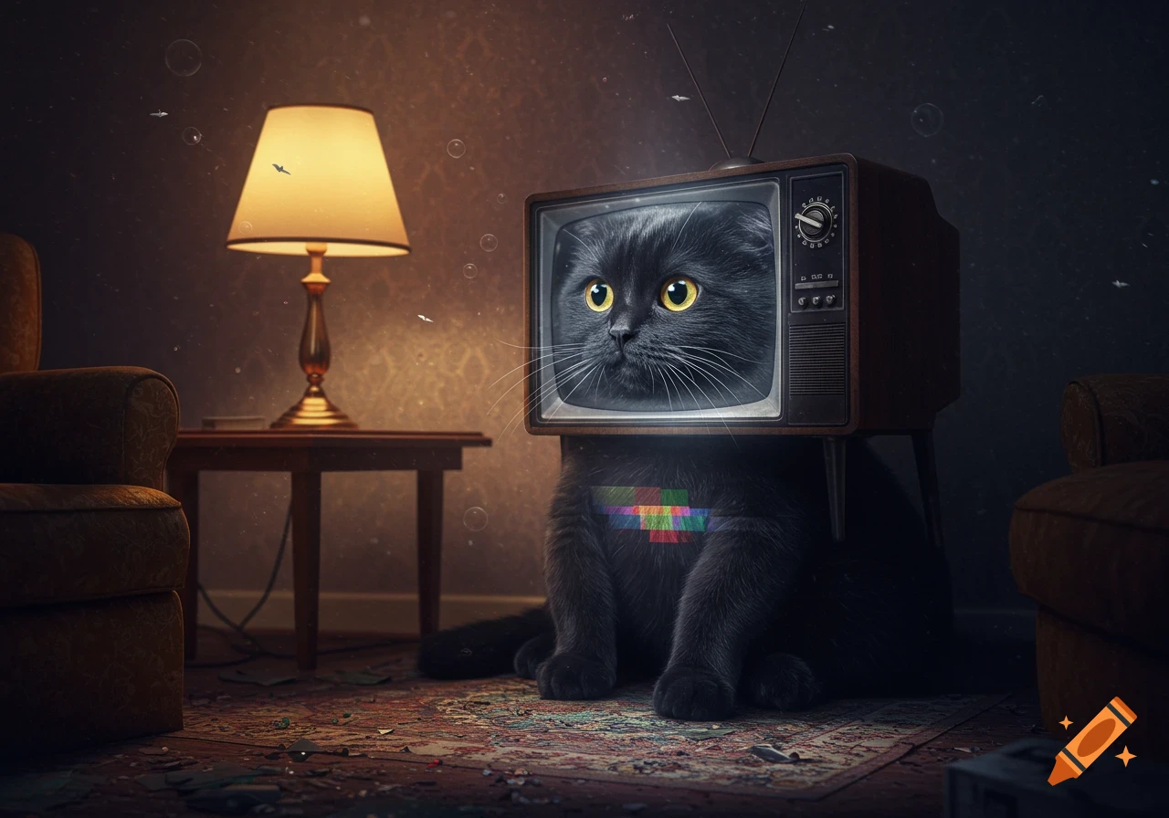 A black cat with an old television for a head sits on a patterned rug in a dimly lit, vintage room next to a lamp.