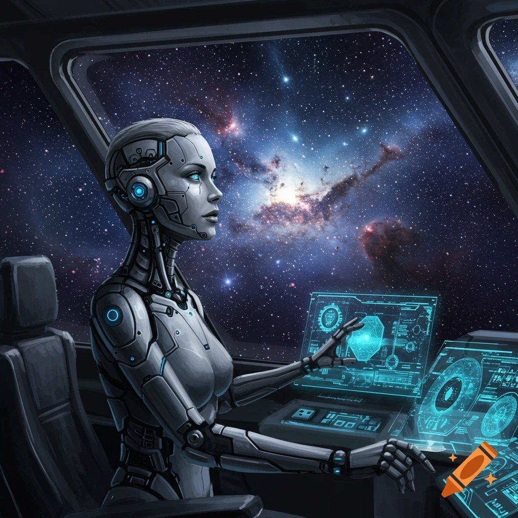 Digital painting of a cyborg woman in a spaceship cockpit, gazing at a starry galaxy, manipulating glowing blue control screens.