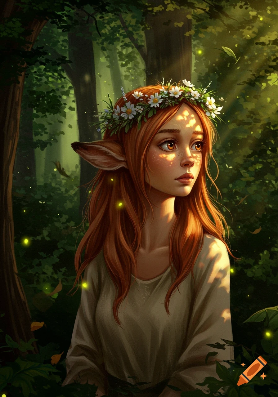 A digital painting of a doe-human hybrid woman wearing a flower crown, gazing in a sun-dappled forest with fireflies.