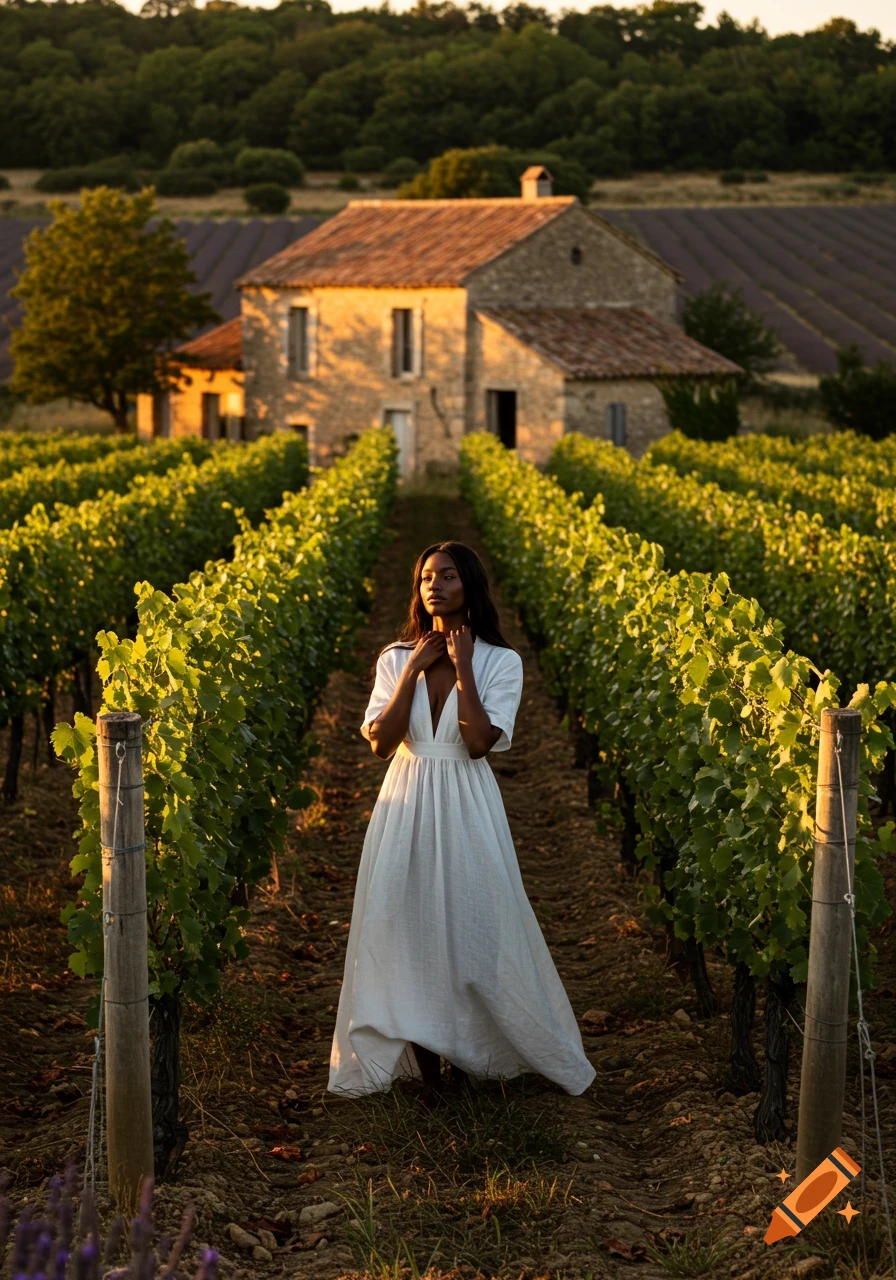 A woman in a white dress stands in a sunny vineyard with a stone house in the background at golden hour.