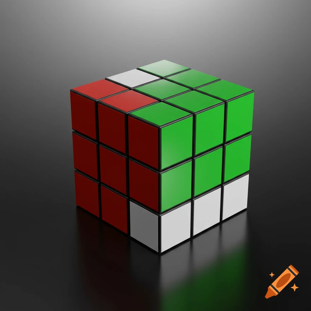A partially solved Rubik's cube with red, green, and white faces, reflecting on a dark, glossy surface.