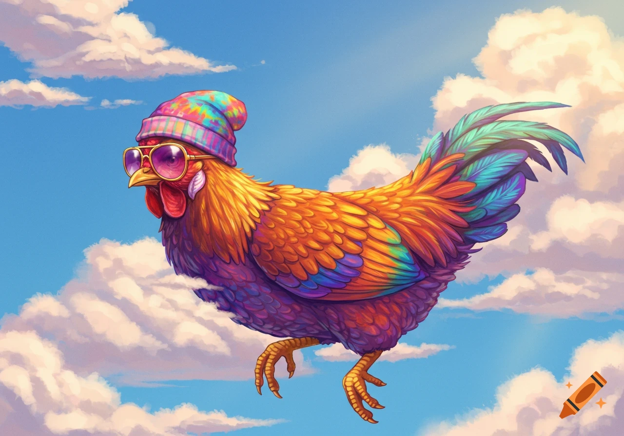 A vibrant, stylized chicken wearing a tie-dye beanie and sunglasses soars through a sunny, cloudy sky.