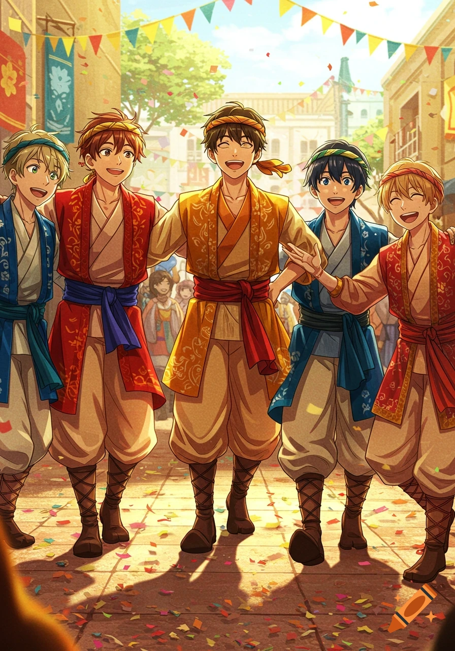 Five smiling anime boys in colorful traditional outfits stand on a confetti-strewn street during a lively festival.