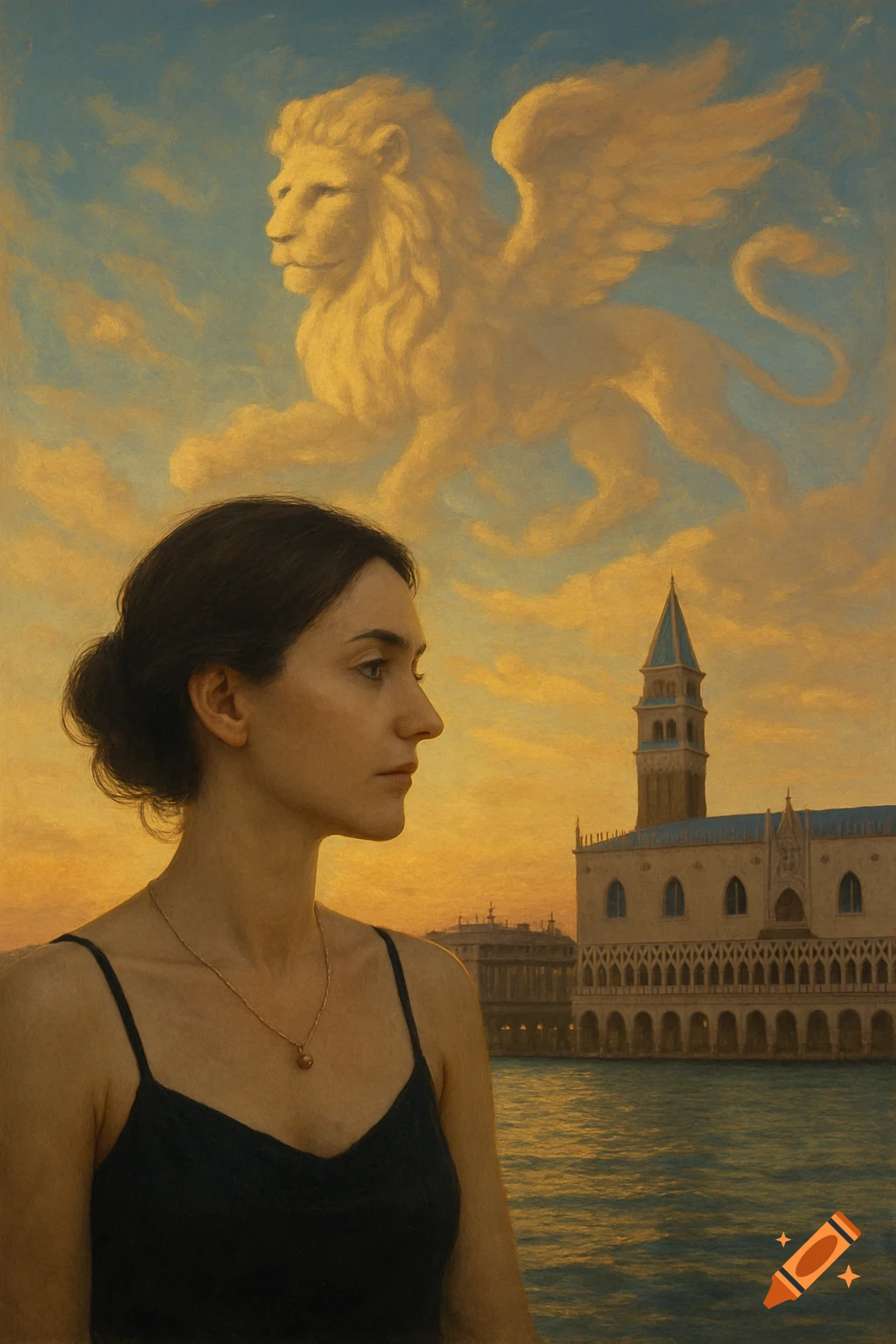 A woman in a black dress looks toward the Doge's Palace in Venice at sunset, a winged lion cloud in the sky.