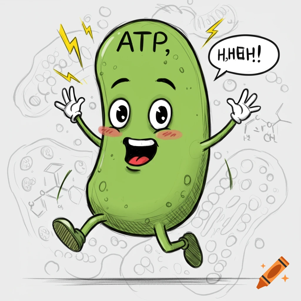 A happy, running green cartoon bean labeled ATP, with lightning bolts and a speech bubble, against a sketched science background.